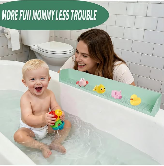 Bathtub Splash Guard for tub Kids& Bath Shelf for Kids – Toddler Bath Tray, Bath Toys Storage & Ledge Organizer – Splash Guard for Bathtub with Suction Cups – Kids Bathroom Accessories(2.6FT, Green)
