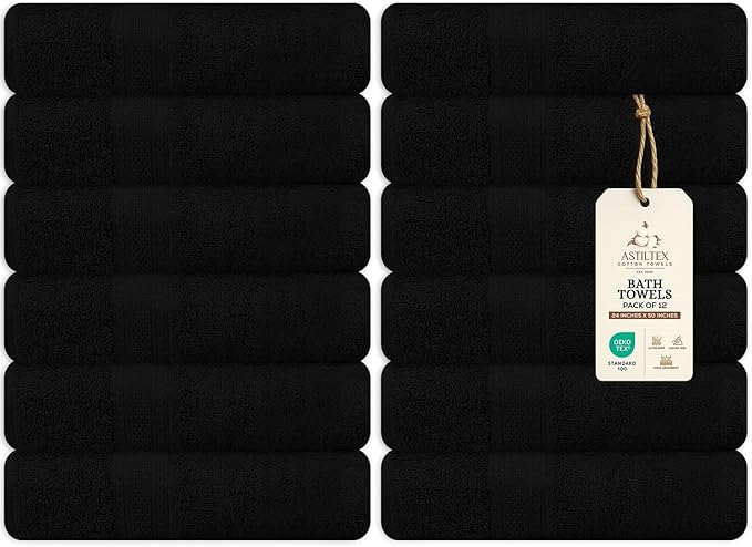Bulk Large Bath Towels Set of 12 – 100% Cotton Terry – 24" x 50" – Quick Dry, Soft & Highly Absorbent – Black Towels for Bathroom, Gym, Spa, Pool & Daily Use