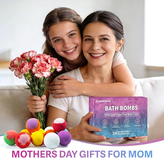 Bath Bombs for Women & Men, Basket Set for Mothers Day Gifts for Mom, 24-Pack Handmade Natural & Organic Essential Oil Bath Bomb, Spa Relaxing Teacher Appreciation Gifts for Wife Girlfriend