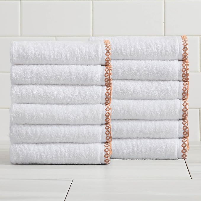 Great Bay Home Clay/White Washcloth Set - Ultra-Soft Cotton, Boho-Chic Border Design - 12 Washcloths (13" x 13") - Absorbent, Quick-Dry, Lightweight Bathroom Towels