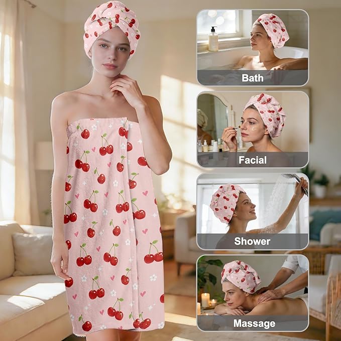 Absorbent Bath Towel Wrap Set for Women, Pink Cherry Print Towel Wrap After Shower, Microfiber Shower Robe Body Towel Wraps for Women, Quick Dry Hair Towels Wraps for Spa Hotel Beach Girl