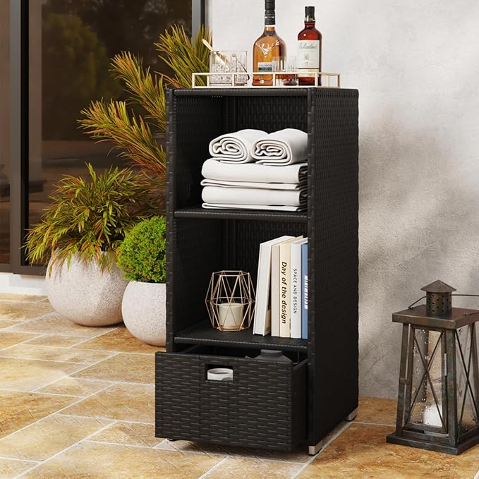 Rattan Outdoor Pool Towel Rack Cabinet, Wicker Pool Storage Bins Storage Organizer, 2 Layer Shelf Hot Tub Spa Accessories, 45in, Black