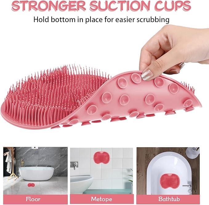 Shower Foot Scrubber, Wall Mounted Bath Massage Pad, Back Scrubber Back with Non Slip Suction Cups to Improve Circulation, Soothe Achy Feet (Grey+Pink)