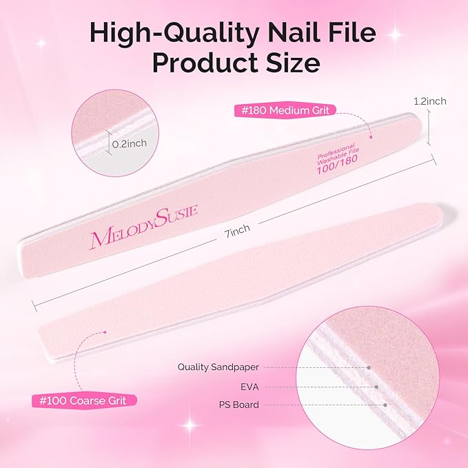 MelodySusie Nail File Kit, 2Pcs Double Sided 100/180 Grit Diamond Shape Emery Boards for Nails, Professional Nail Art Manicure Pedicure Supplies for Home and Salon Use, Mothers Day Gifts, Pink