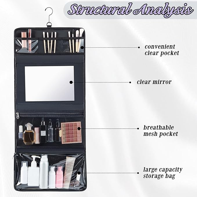 Travel Hanging Toiletry Bag with Mirror Leather Travel Hanging Mirror Foldable Dance Competition Makeup Bag Backstage Cosmetic Organizer for Traveling Dancers Spa(Classic,Purple)