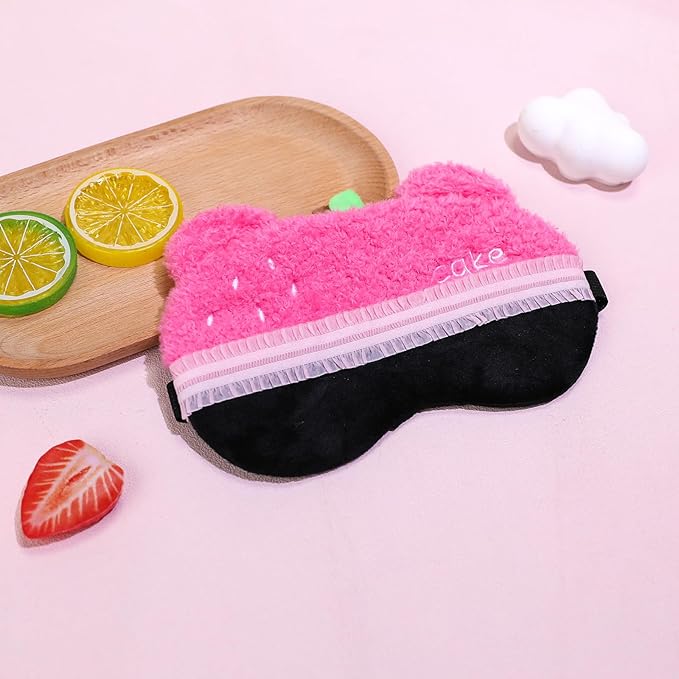PERFECTSIGHT Sleep Eye Masks, Cute Bear Plush Sleep Eye Cover Lightweight Adjustable Eyeshade Faux Fur Mask Cover for Women Men Kids Sleep Travel Nap, Rose Pink Cake