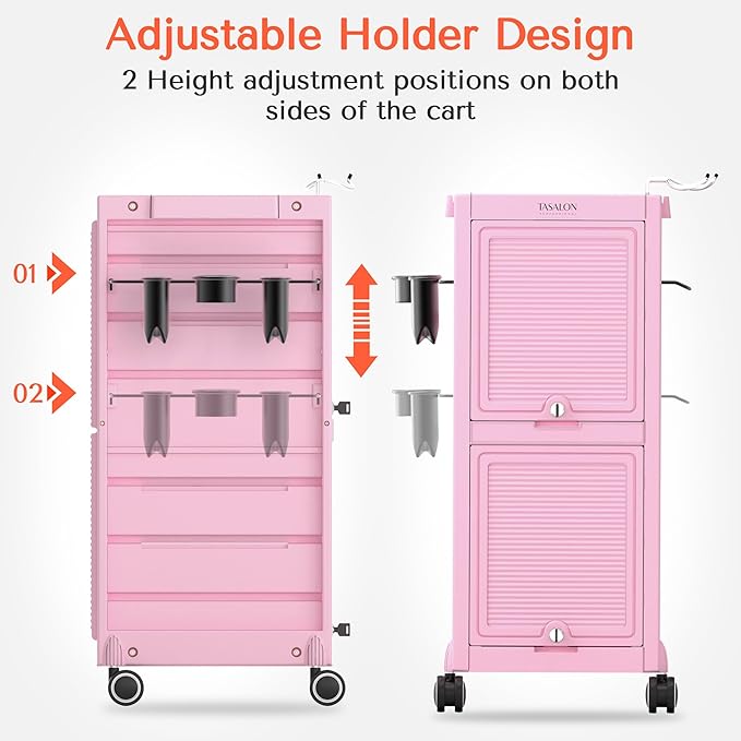 TASALON Pink Lockable Salon Cart with Wheels, Beauty Salon Station Trolley with 6 Drawers & Heat-Resistant Tool Holders, Rolling Barber Organizer for Hair Stylist, Spa & Tattoo Studio