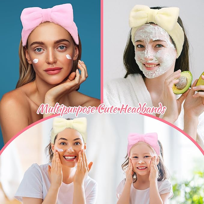 Ondder Spa Skincare Headband for Women - Pink & Beige Bow Design, Makeup & Face Wash Hair Band,8 Pack