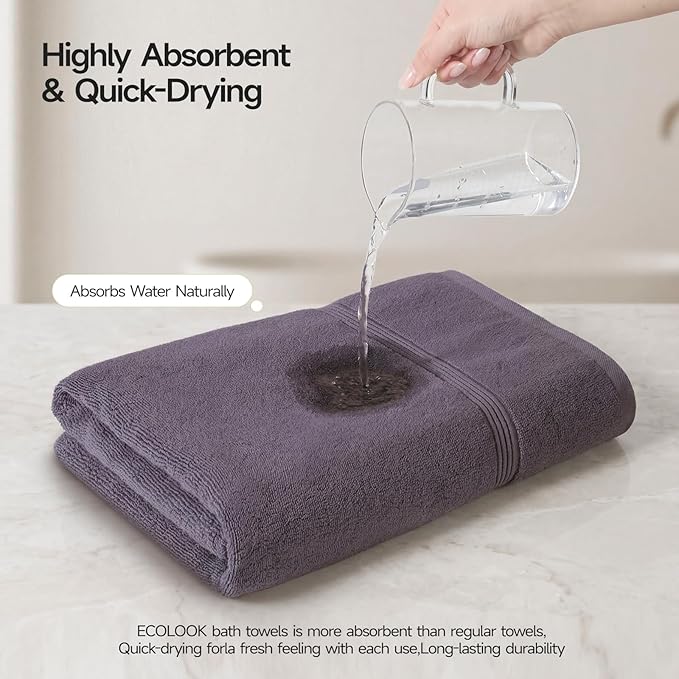ecolook Bath Towels Set of 4,100% Cotton,27 x 55 Inches,Quick-Drying & Absorbent,Soft,Lightweight Towels for Bathroom,Shower,Spa, Gym & Hotel,Purple