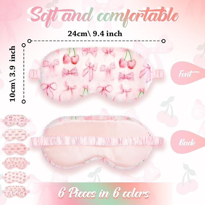 Cuffbow 6 Pack Plush Sleep Mask Set, Cute Plush Eye Masks for Sleeping, Soft Comfortable Travel Nap Blindfold, Sleepover Party Favors for Women(Bow,Pink)