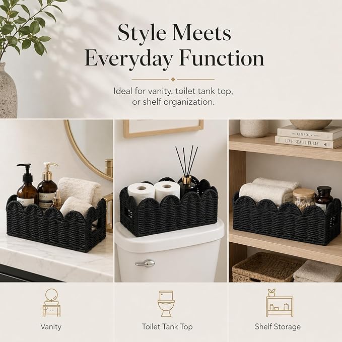 Scalloped Toilet Tank Basket for Back of Toilet, Black Wicker Bathroom Tray for Toilet Paper Storage, Bathroom Organizer for Tank Top, Countertop & Small Spaces