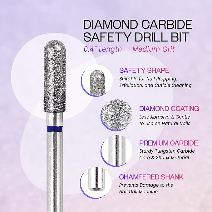 PANA 3/32" Diamond Carbide Safety Bit- Style 08, Medium Grit - Professional Cuticle Nail Drill Bits for Acrylic Gel Nails Dry Manicure Pedicure Shape Remove Tools