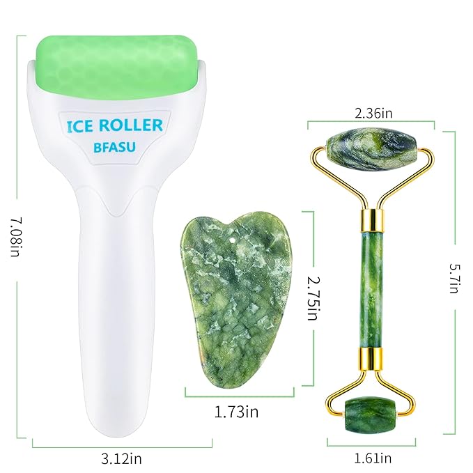 Facial Roller Set of 3, Ice Roller, Two-Sided Jade Roller and Gua Sha Massage Tool, Rolling Tool for Facial Beauty and Body Massage, Helps Reduce Puffy,Skin Care Gifts (Green)