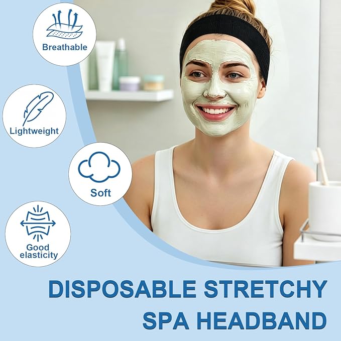 80 Pcs Disposable Facial Headbands - Individually Wrapped Spa Headbands for Women, Stretch Non-Woven Hair Bands for Skincare, Makeup, Facial & Esthetician Supplies (Black)