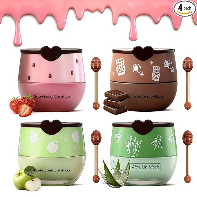 4PCS Bee Lip Balm Honey Pot, Fruit Moisturizing Propolis Lip Mask, Lip Mask Overnight Propolis Moisturizing Lip Balm Hydrating Prevention Dry and Crack Lip Scrubs Exfoliator Lip Care Products