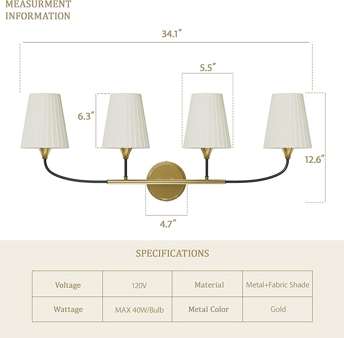 4-Light Bathroom Light Fixtures, Gold Bathroom Vanity Light Over Mirror, Modern Light Fixtures with Flared Fabric Shade for E26 Bulbs, Wall Sconce Light for Bedroom, Hallway with ETL