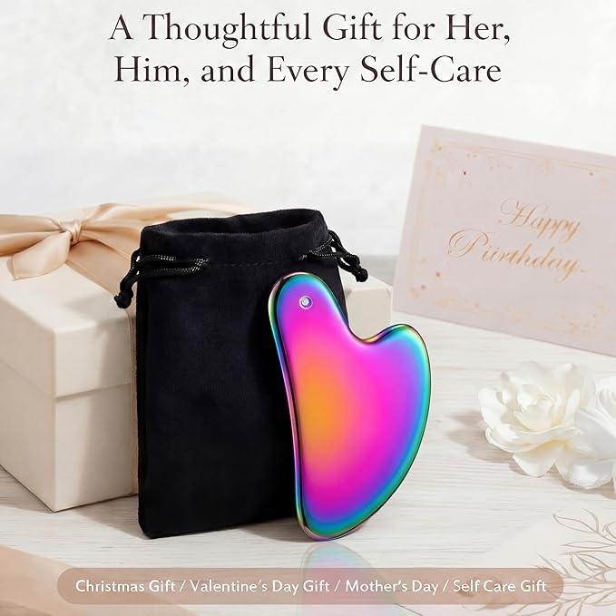 Nuanchu Stainless Steel Gua Sha Facial Tool, Metal Gua Sha for Lymphatic Drainage, Guasha Face Sculpting Double Chin Reduce with Pouch Mother Day Self Care Gift(Rainbow)