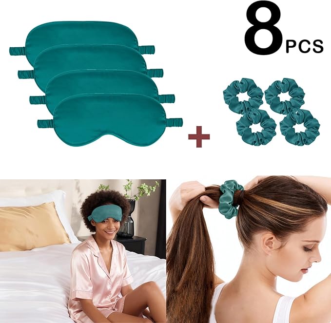 Satin Eye Mask 8Pcs Silk Sleep Masks Silky Blindfold Eyeshade Blackout Eyes Cover Scrunchies Hair Ties Travel Wedding Gifts