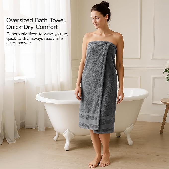 REDKISS 100% Cotton Bath Towels Set of 2, Extra Large Bath Sheets 35 X 70 Inches, 800G, Quick Dry, Ultra Soft & Super Absorbent Bathroom Towel Sets for Bathroom, Gym, Spa, Pool & Hotel, Grey