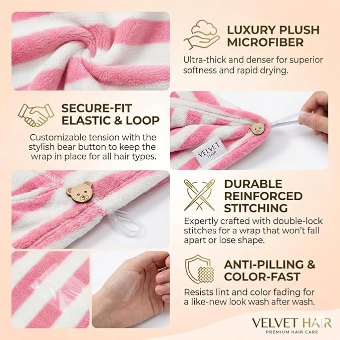 3 Pack Microfiber Hair Towel Wrap for Women, Fast Drying Hair Turban with Button, Anti-Frizz Large Hair Towel for All Hair Styles, Soft & Absorbent Hair Drying Towel