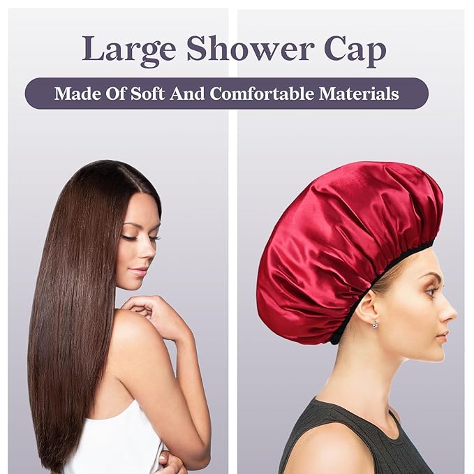 Three-Layer Terry Cloth Lined Satin Shower Cap, with Silk Hair Ties, Microfiber Waterproof Reusable Large Size Shower Cap for Women Long Thick Hair (Claret)