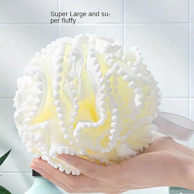 Large Luxurious Bath Ball Loofah Sponge Pouf Puff Mesh for Shower - Soft, Quick-Dry Exfoliating Foaming Deep Cleansing Body Scrubber - White