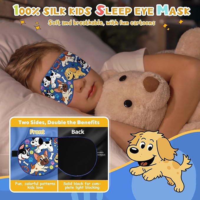 Silk Kids Sleep Mask: 100% Mulberry Silk Eye Mask, Sleeping Masks with Adjustable Strap, Soft & Light-Blocking Printed Kid Eye Cover for Boys Girls Teens Aged 5-15 (Puppy Theme)
