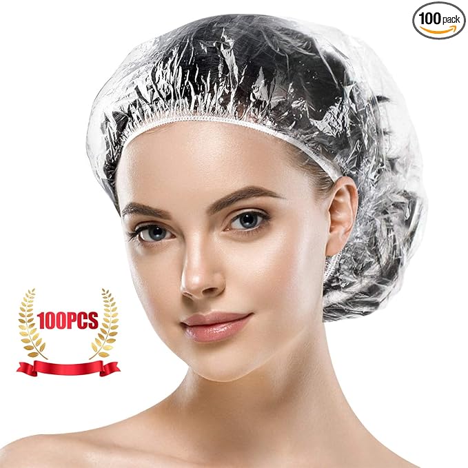MORGLES 100 Pcs Disposable Shower Caps, Clear Large Shower Caps for Women Disposable, Plastic Hair Caps for Hair Treatment, Spa, Home & Travel Use,19.7"