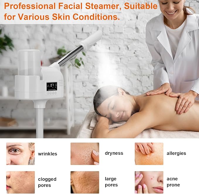 Professional Facial Steamer, Face Steamer Upgrade PTC Heating, Esthetician Steamer Hot Mist Facial Steamer for Salon Spa Beauty (White)