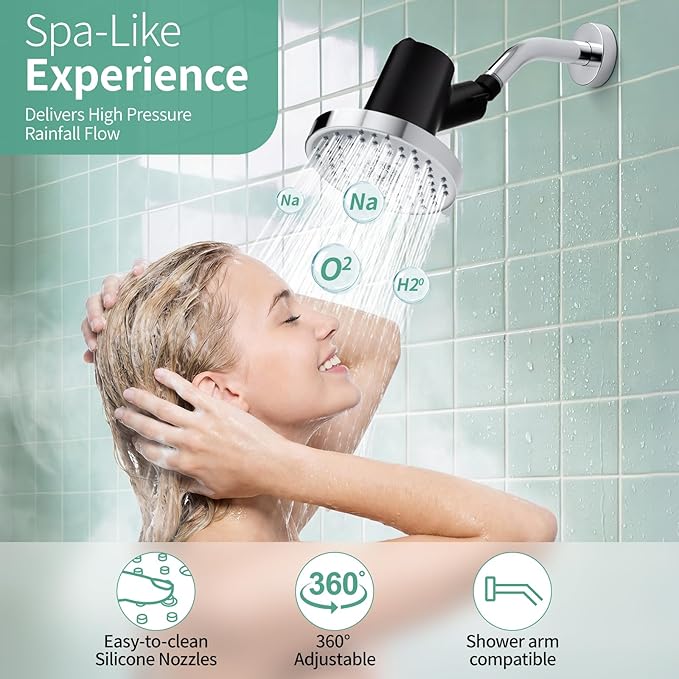 SR SUN RISE Filtered Shower Head with Filters- High Pressure Rain Shower Head,with 20-Stage shower Filter,1.8/2.5 GPM Flow Rate,6 Spray Modes for Hard Water Softener,Remove Chlorine (Chrome,5.5 Inch)