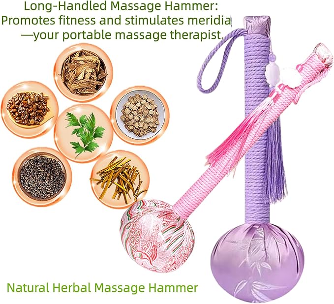 Mugwort Massage Hammer, Handheld Percussion Manual Massage Tool for Back, Shoulder & Body - Therapy Tool with US Design Patent (Bamboo Leaf Purple/Auspicious Cloud Pink)