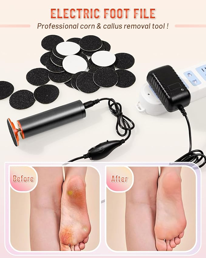 DERMAWAVE Electric Callus Remover for Feet with 60 Sandpaper Discs, Adjustable Speed Professional Foot File Electric Heel Grinder Sander Pedicure Tool for Men & Women