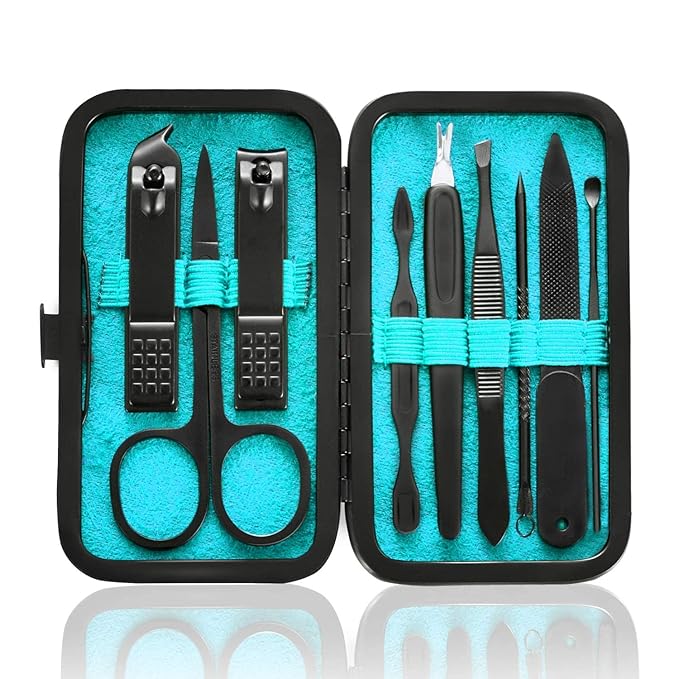 HANTEKAS Manicure Set 9 in 1 Stainless Steel, Nail Clippers Scissors Pedicure Tools Kit - Portable Travel Grooming Kit for Men and Women with Black/Blue Leather Case (Blue)