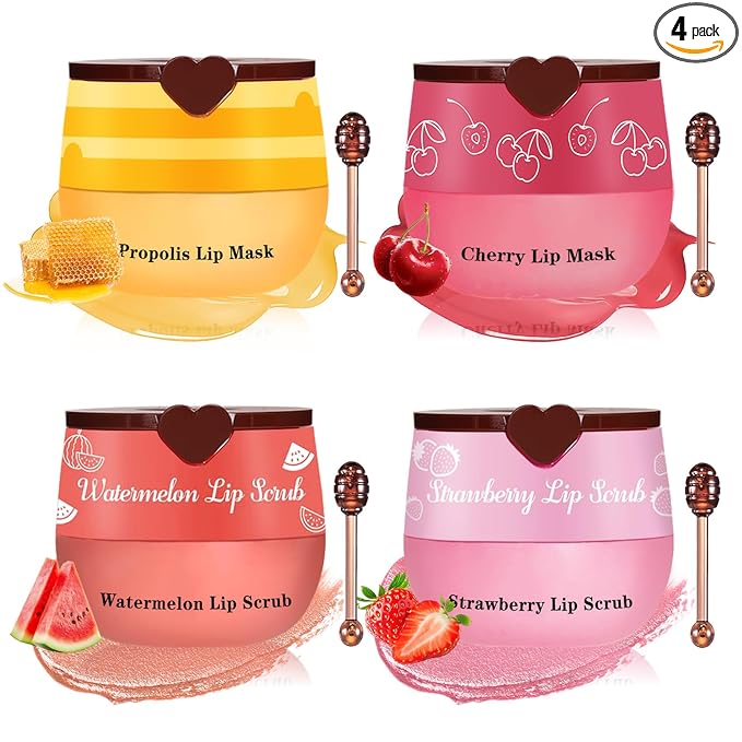 4PCS Lip Scrub and Mask Set,Cherry and Honey Pot Lip Balm,Strawberry and Watermelon Lip Exfoliator Scrub and Moisturizer,Repair Lips Sleeping Mask,Reduce Fine Lines Lips Care Set