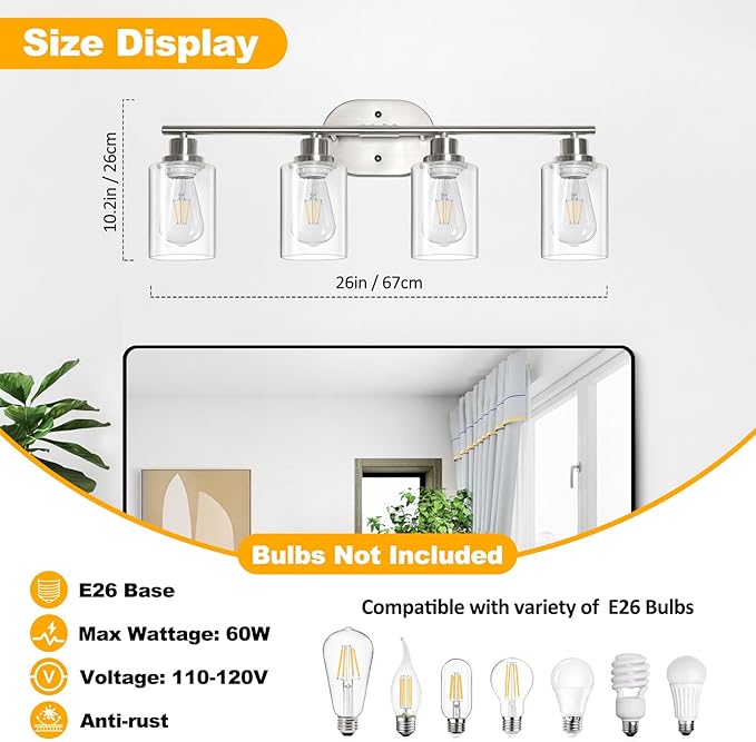 Unicozin Bathroom Light Fixtures, 4 Light Vanity Lights for Bathroom, Brushed Nickel Wall Lamp with Clear Glass for Mirror, Living Room, Hallway, Cabinet, E26 Base
