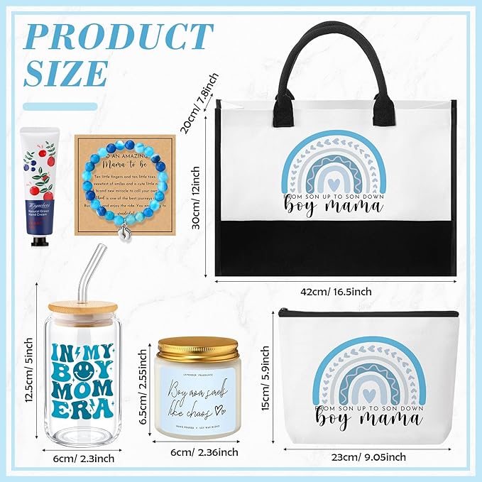 7 Sets Boy Mother Gifts for New Mom Gifts Tote Bag Makeup Bag Candle Bracelet Cup Hand Cream for Mother Day Women After Birth Pregnancy Present First Time Expecting New Mommy Essentials