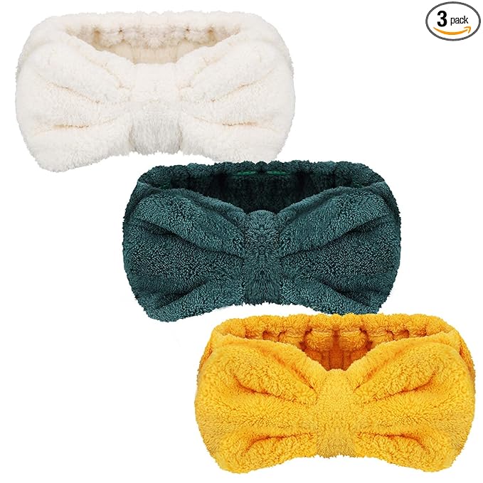 3 Pieces Wash Face Headband Makeup Spa Headband Towel Terry Hair Bands Microfiber Bowtie Shower Facial Adjustable HairBand for Women (Pink, Blue, White)