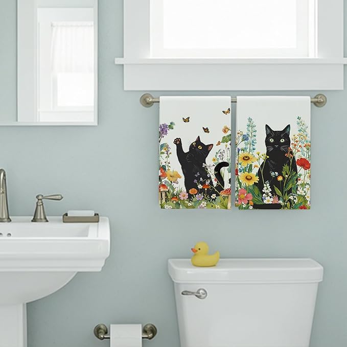 Accnicc 2 Pack Black Cat Bathroom Hand Towels Decorative Spring Floral Dish Kitchen Towel 16x27 Inch Butterfly Mushroom Botanical Wildflowers Absorbent Soft Microfiber Bath Towels Hotel Spa Decor