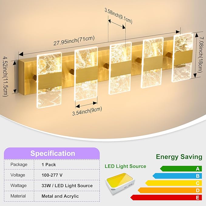 Modern LED Bathroom Light Fixtures Dimmable 5-Light Gold Vanity Light, 5CCT Adjustable Lighting Fixture Vanity Lights Over Mirror, Smoked Acrylic LED Vanity Lights for Bathroom