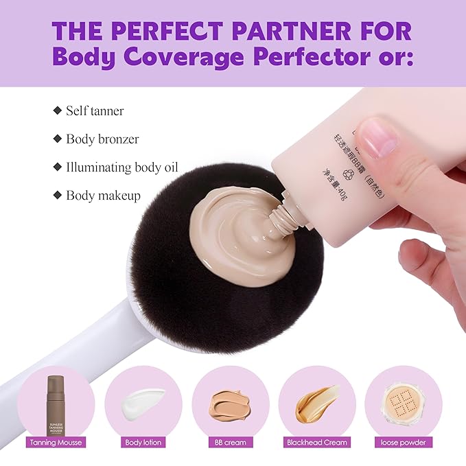 Blend & Blur Extra Large Body Makeup Brush- Self Tanner Brush with Long Handle for Face/Back/Leg Makeup & Bronzer, Kabuki Brush for Lotion, Makeup and Sunscreen, Tanner and Cream with Cleaning Mat