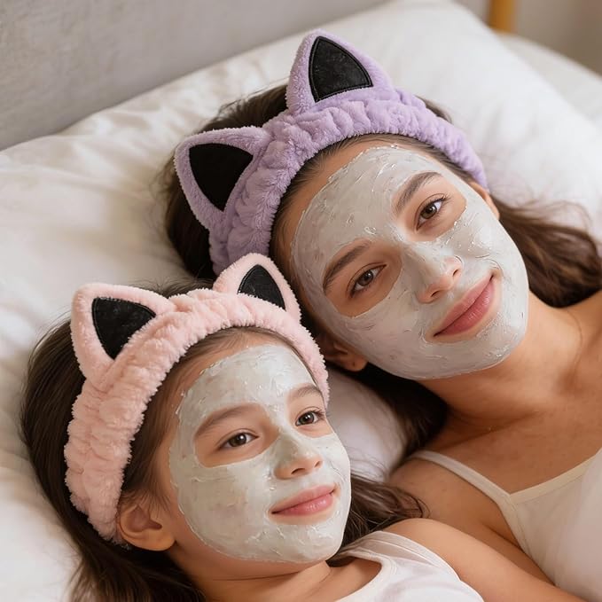 2 PCS Cute Cat Ear Spa Headband For Washing Face, Skincare Makeup Headbands For Women, Soft Coral Fleece Hair Accessories (Pink+Purple)