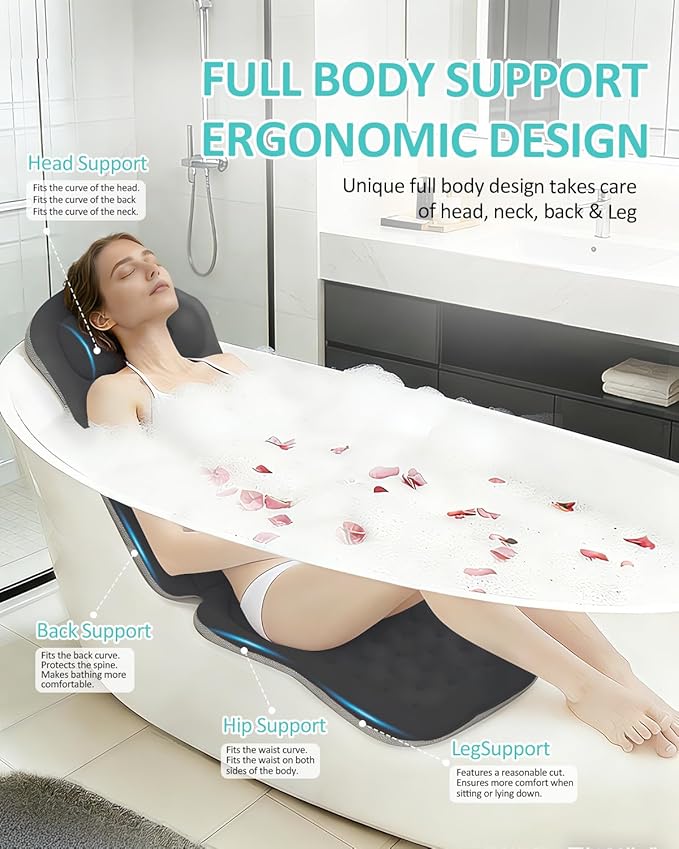 Full Body Bath Pillow for Bathtub, 5D Thick Tub Pillow for Bathtub with 192 Non-Slip Suction Cups, Laundry Bag & Hook, Bathtub Pillow for Head, Neck & Back Support (Gray, 51"*15")