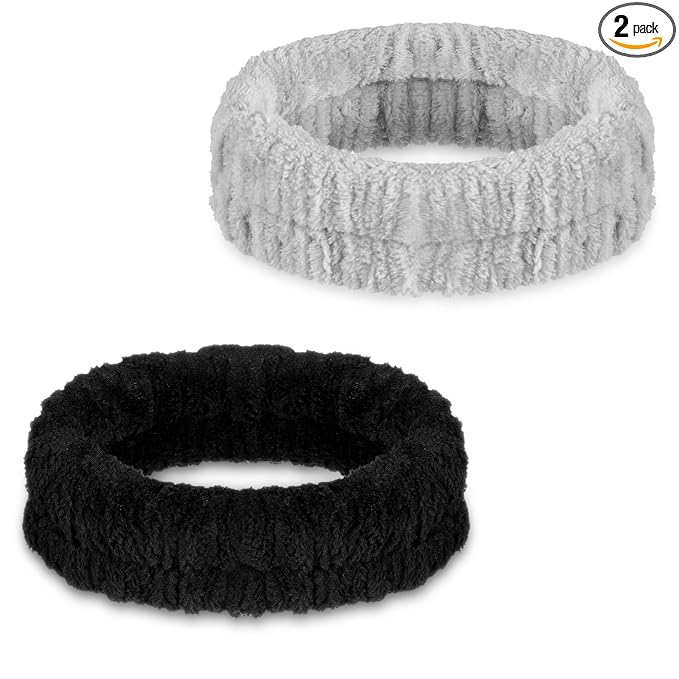 2PCS SPA Headbands, Make Up Headband Hair Headband for Face, Soft Puffy Terry Cloth Hairbands for Men Women's Facial Makeup, Washing, Face Mask, Spa & Shower (Black,Grey)