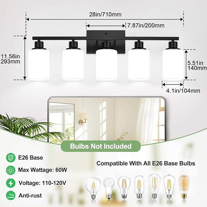 Indoi 5-Light Black Bathroom Vanity Light Fixture with Milky White Frosted Glass Shades, Bathroom Light Fixture for Mirror, Matte Finish, Reversible Up/Down Lighting for Bedroom, Living Room, Hallway