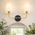 2-Light Bathroom Light Fixtures, Black and Gold Vanity Lights, Double Wall Sconce with Flared White Fabric Shade, Modern Sconces Wall Lighting for Hallway Bedroom Stairway, VL837-KG-2