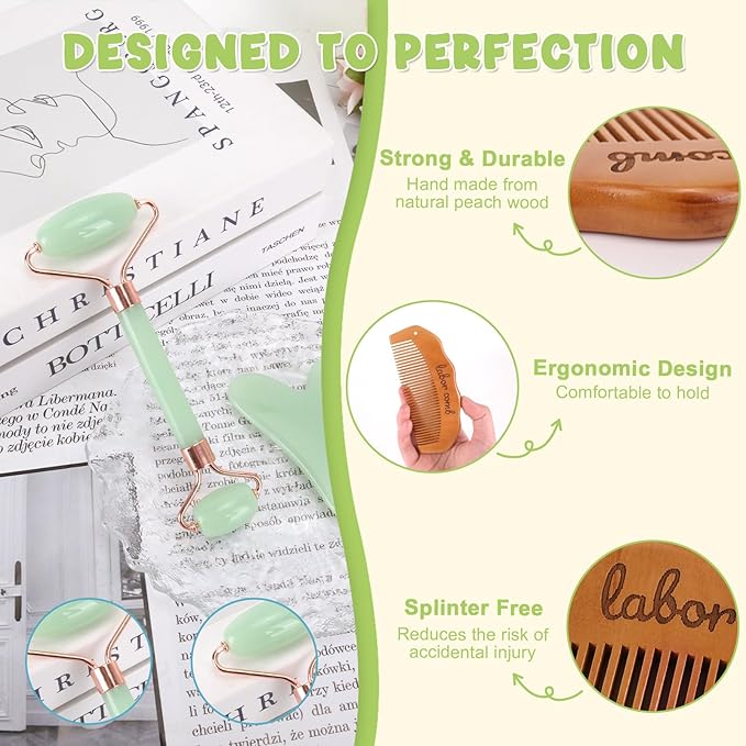 Birthing Comb for Labor Pain and Gua Sha Facial Tools, Post Partum/Home Delivery Essentials, Pregnancy/Birth/Hospital Bag Must Haves, Jade Roller Stone Massager,Gifts for Expecting Mom Women (Green)