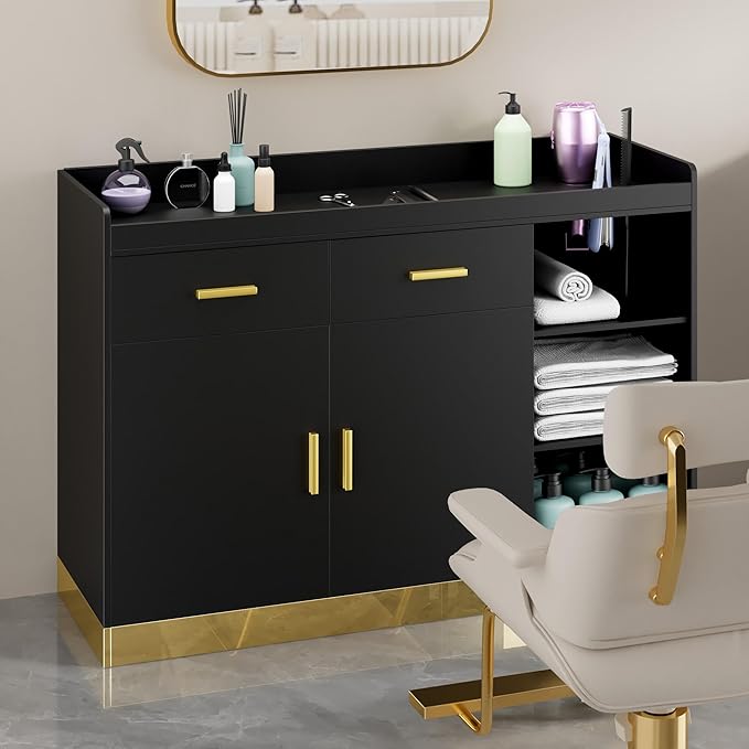 Salon Storage Cabinet Barber Station, Free Standing Hair Styling Station with Drawers, Hair Dryer Holders and Adjustable Shelves, Beauty Salon Spa Equipment