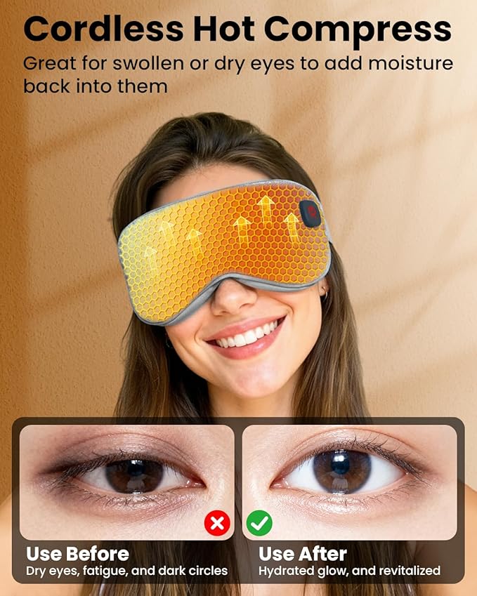 Cordless Heated Eye Mask with 1500mAh Large Battery, 4 Heat Levels & 100% Blackout for Dry Eyes Relief, Fast Heating Eye Heating Pad with 2 Washable Covers for Sleep, Travel, MGD, Blepharitis