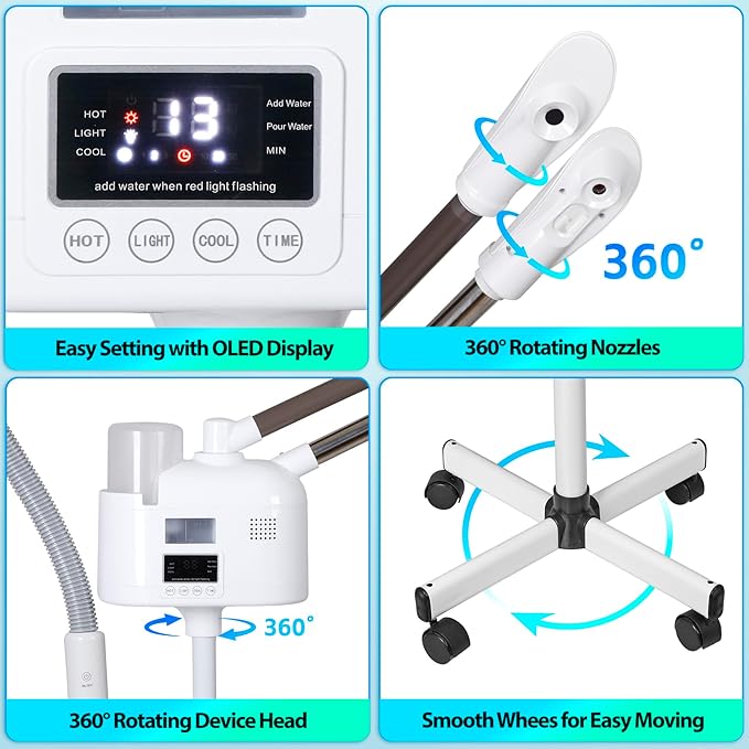HomGarden Pro 3 in 1 Facial Steamer for Face Deep Cleaning, 5X LED Floor Magnifying Lamp UV Ozone Hot/Cool Mist Function Face Steamer Salon Spa Beauty Skin Care Equipment