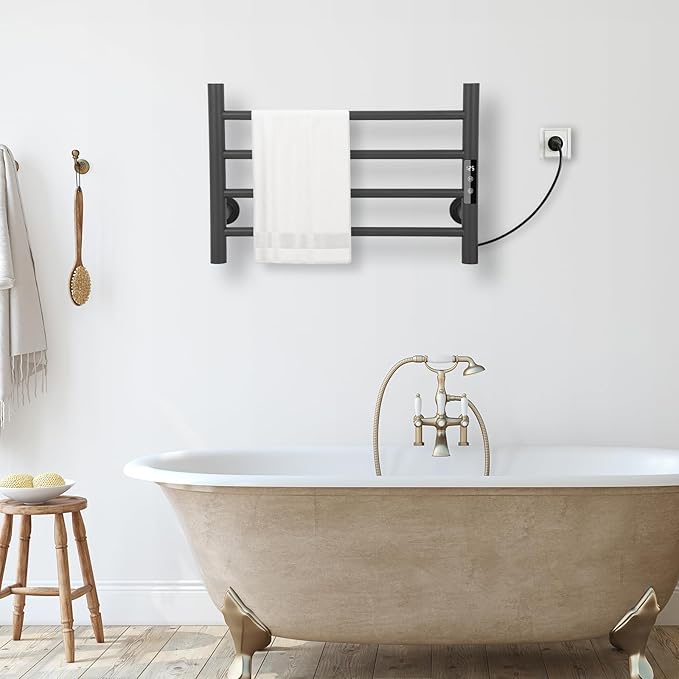 4 Bars Towel Warmer Rack, Electric Wall Mounted Heated Towel Rack with Timer and Temperature Control, Towel Heater Hard Wired/Plug-in Hot Towel Rails for Bathroom, Space Grade Aluminum, Grey